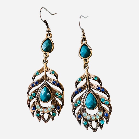 Peacock/Floral Drop Bronze Earrings with Shimmering Inlayed Hues of Blues 🦚✨🔹 - Picture 2 of 3